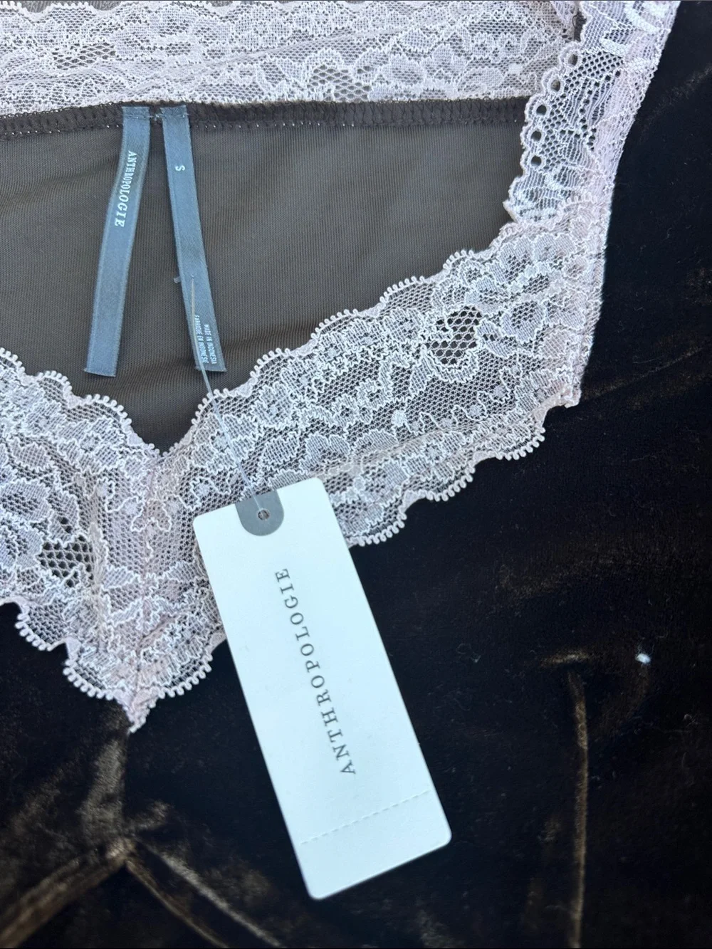 Anthropologie Brown Velvet Top with Cream Lace Trim